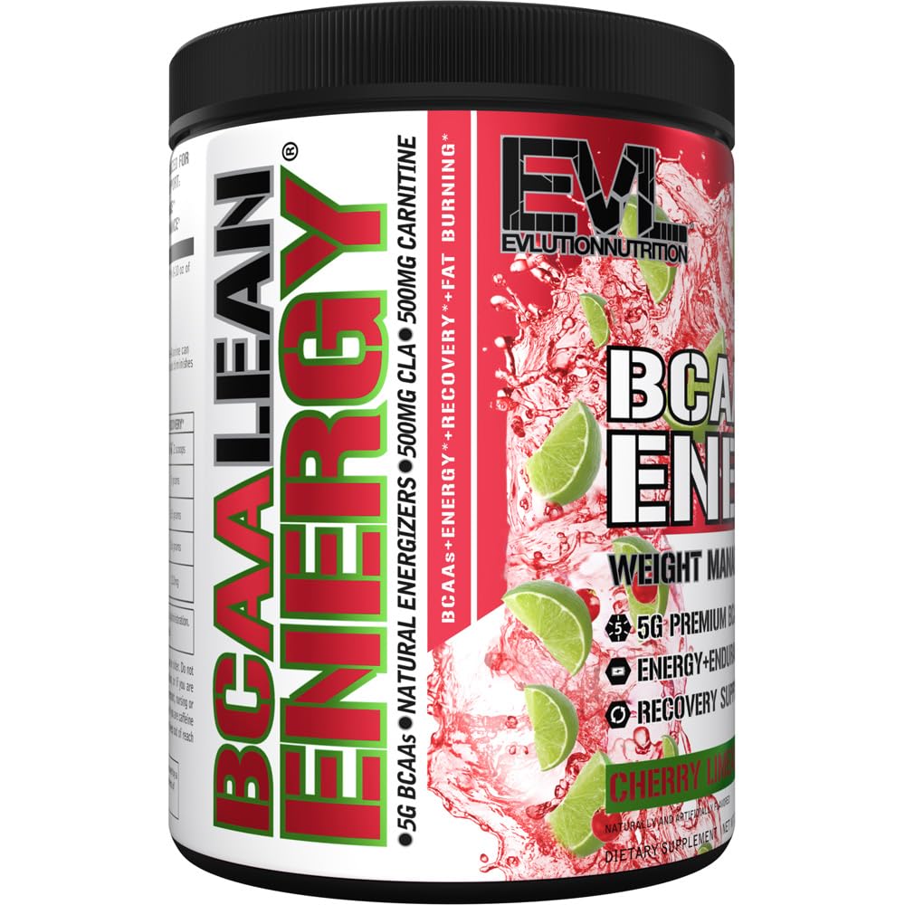 Evlution BCAA Lean Energy Poudre Cerise Limeade 399g sur une table avec des accessoires de fitness
