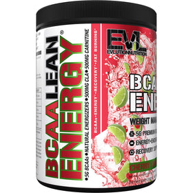 Evlution BCAA Lean Energy Poudre Cerise Limeade 399g sur une table avec des accessoires de fitness