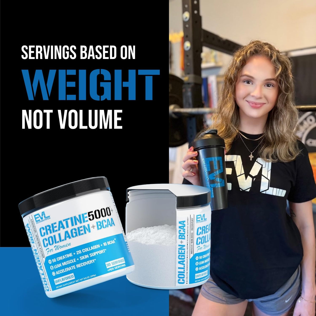 Evlution Creatine5000 Collagène BCAA 500g dans un shaker