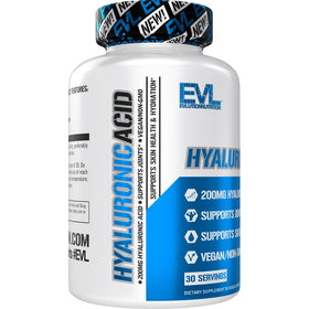 Evlution Hyaluronic Acid 200mg capsules with a measuring spoon