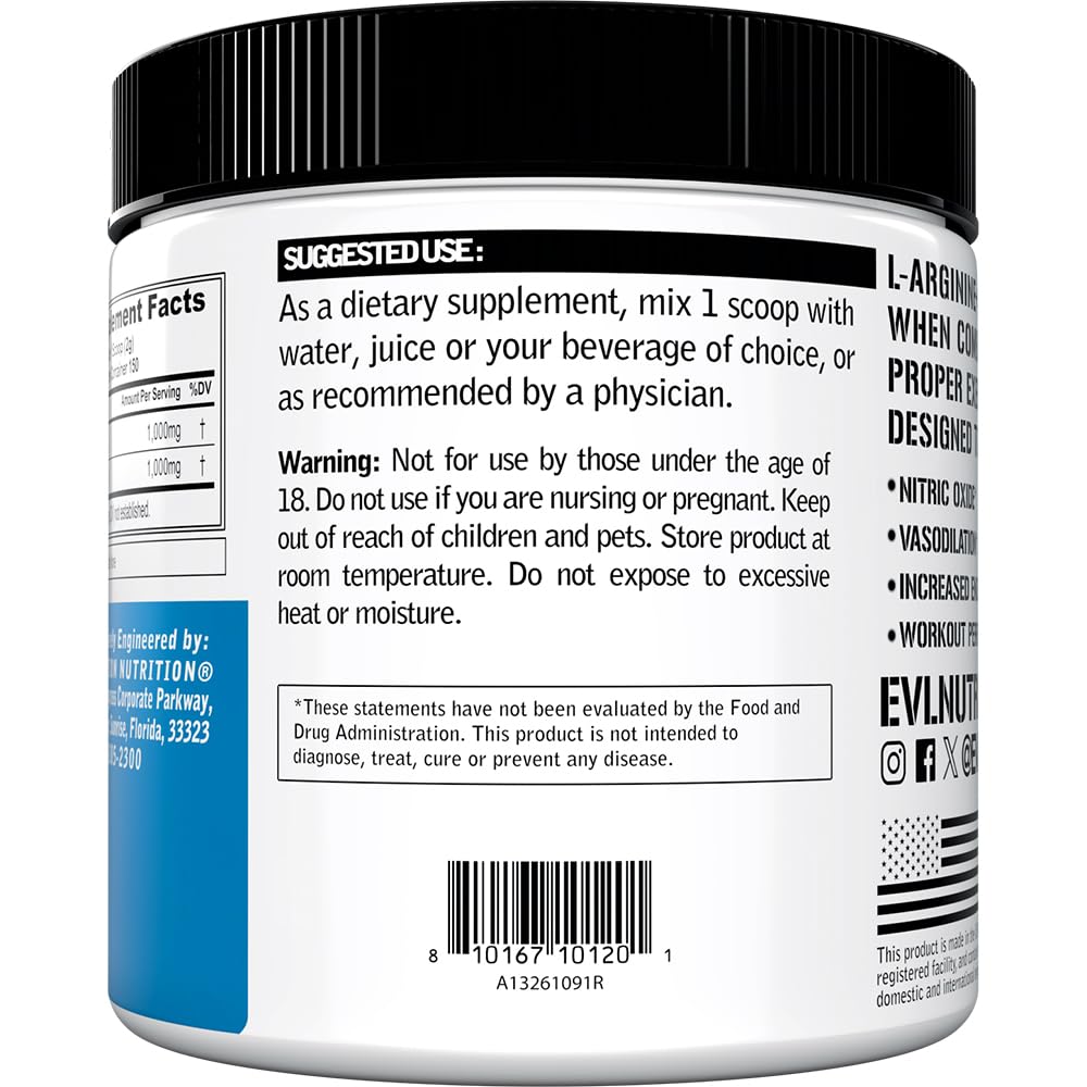 Evlution L-Arginine & L-Citrulline Poudre 150 Portions étiquette détaillée