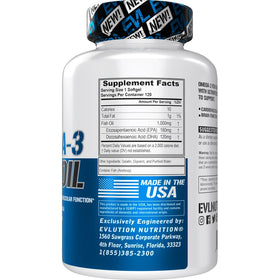 Evlution Omega 3 capsules avec étiquette et informations nutritionnelles