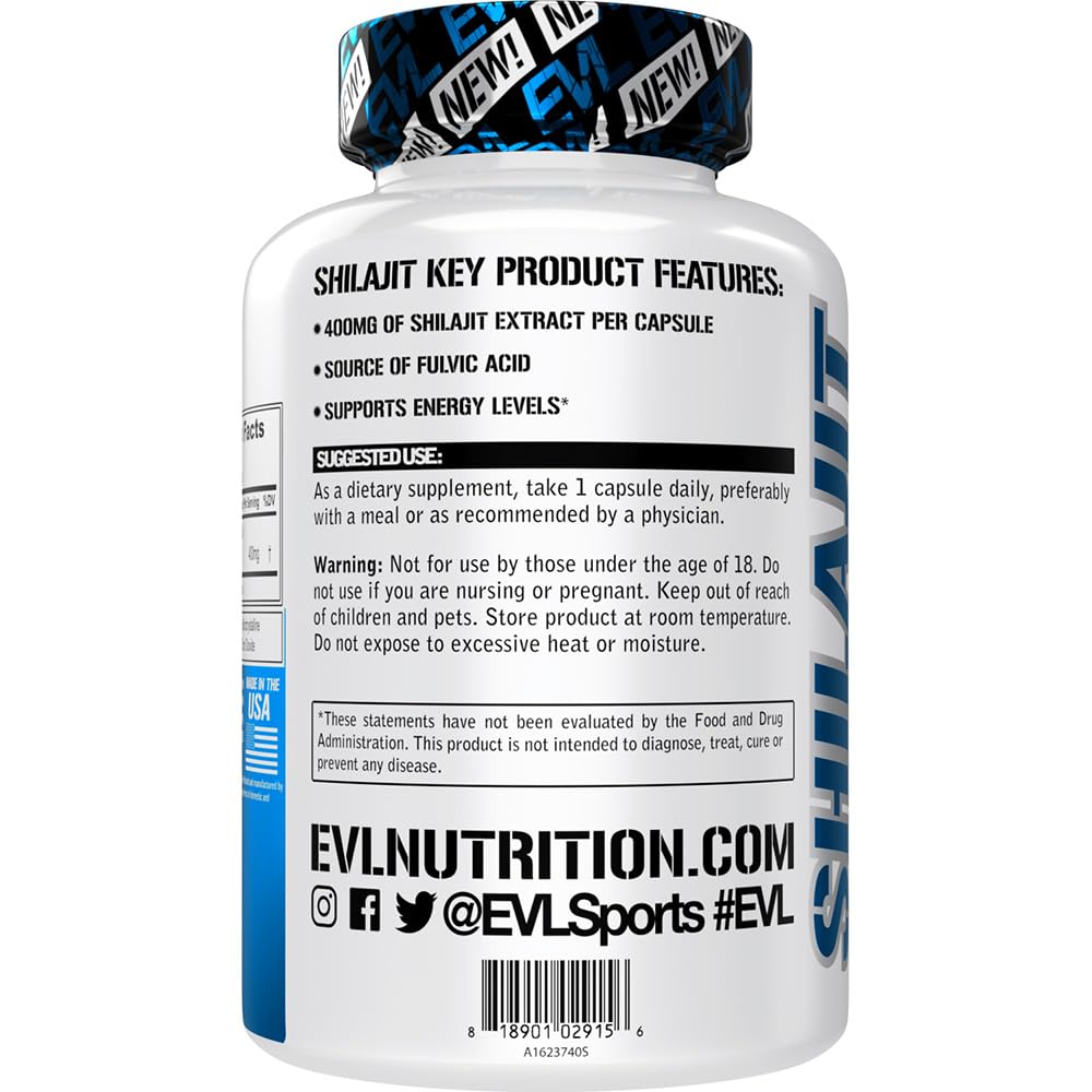 Evlution Shilajit 400mg capsules ouvertes sur une table