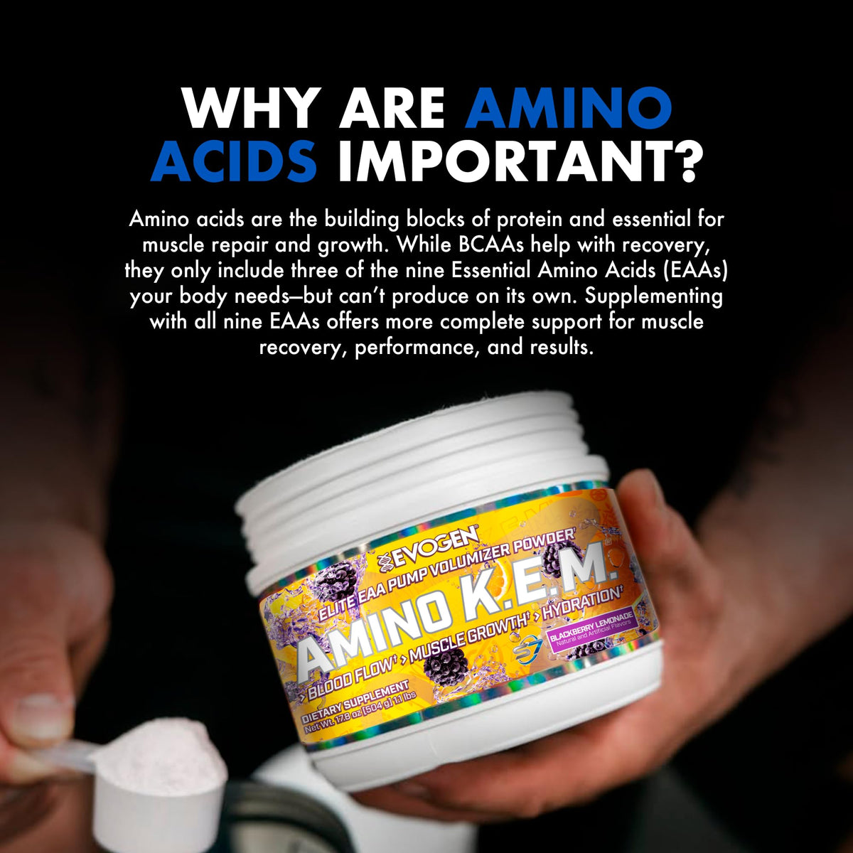 Evogen Amino K.E.M. EAA & BCAA BlackBerry Lemonade lifestyle scene