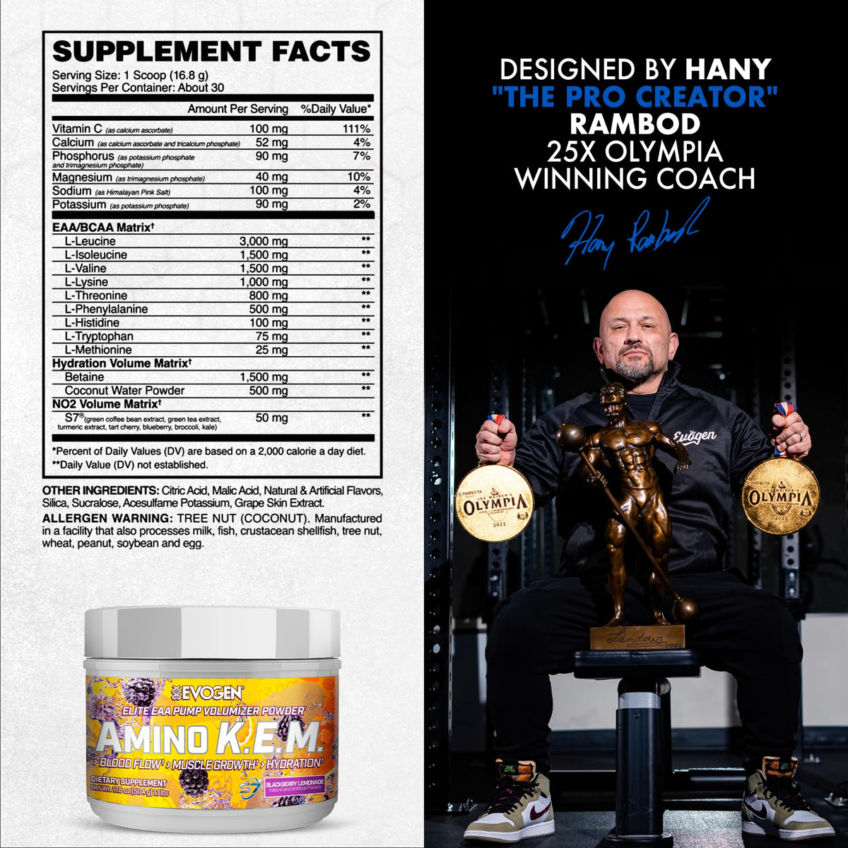 Evogen Amino K.E.M. EAA & BCAA BlackBerry Lemonade nutritional information