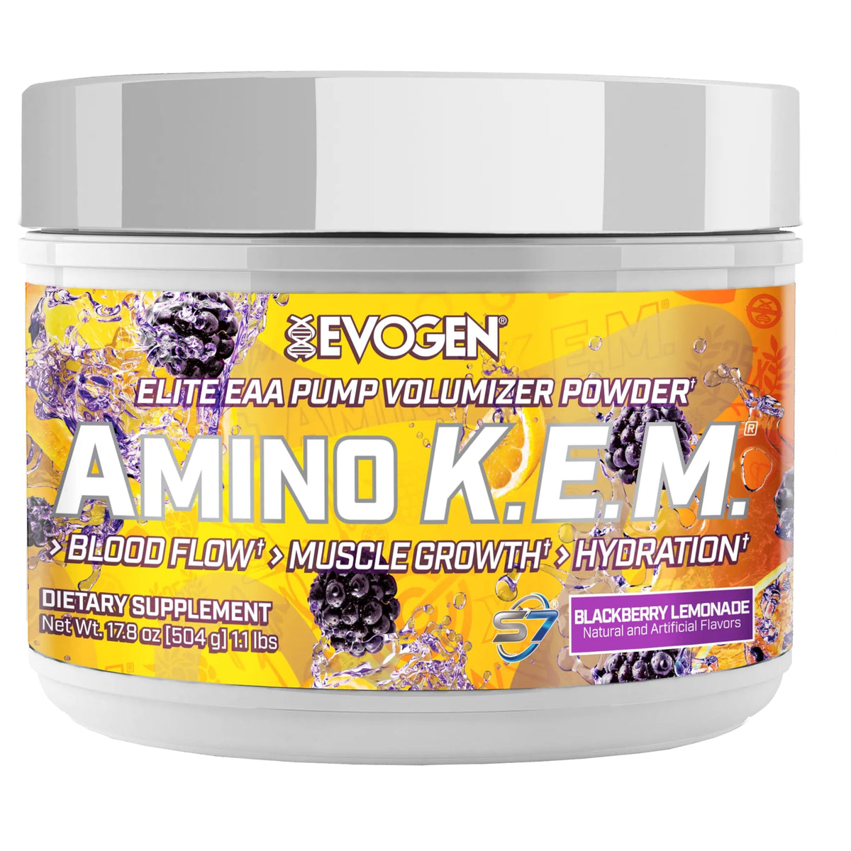 Evogen Amino K.E.M. EAA & BCAA BlackBerry Lemonade packaging front view
