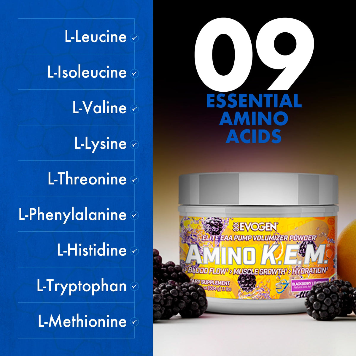 Evogen Amino K.E.M. EAA & BCAA BlackBerry Lemonade serving suggestion