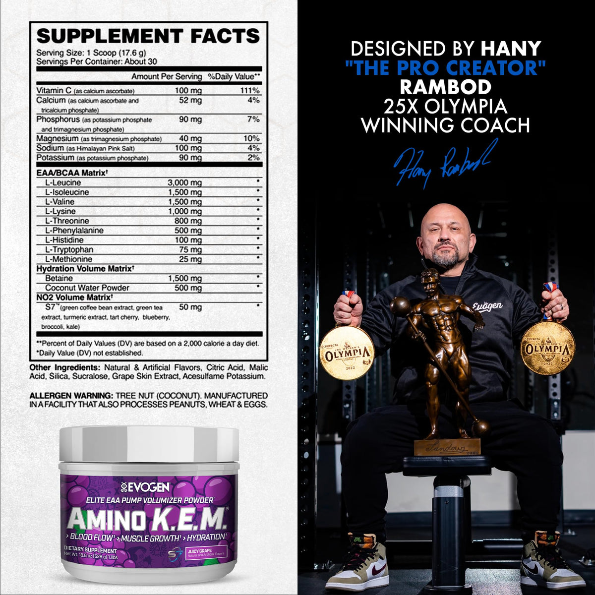 Evogen Amino K.E.M. EAA & BCAA nutritional information
