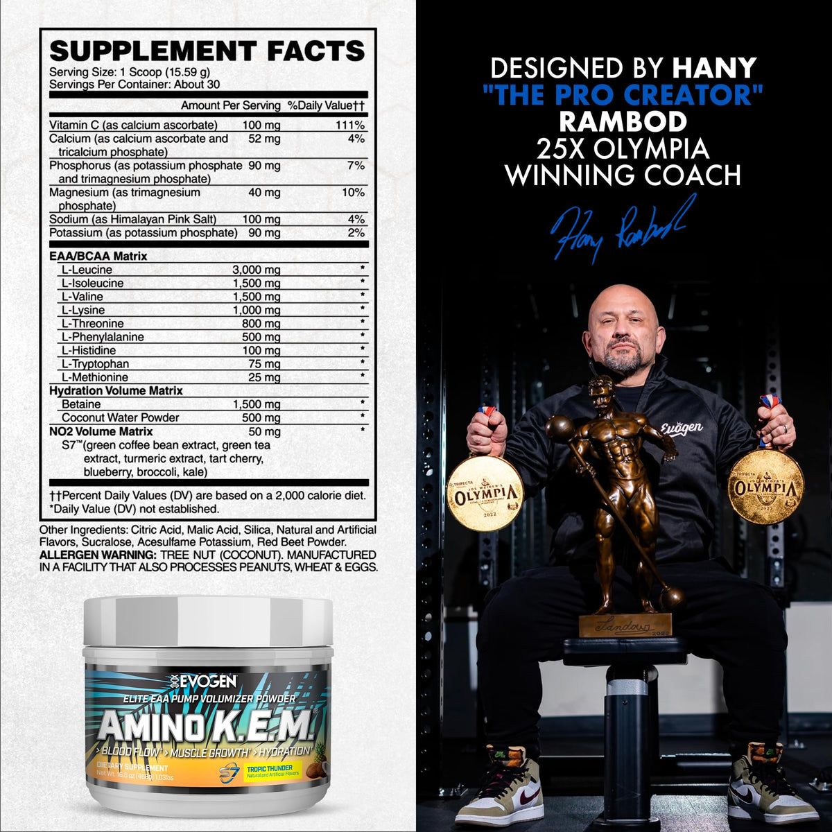 Evogen Amino K.E.M. EAA & BCAA powder in a scoop
