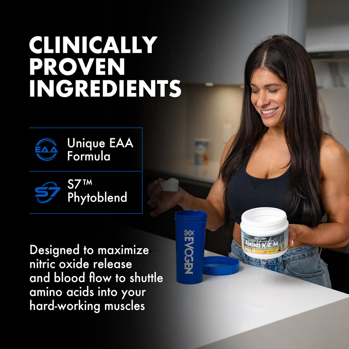 Evogen Amino K.E.M. EAA & BCAA product with workout gear