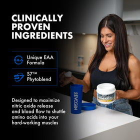 Evogen Amino K.E.M. EAA & BCAA product with workout gear