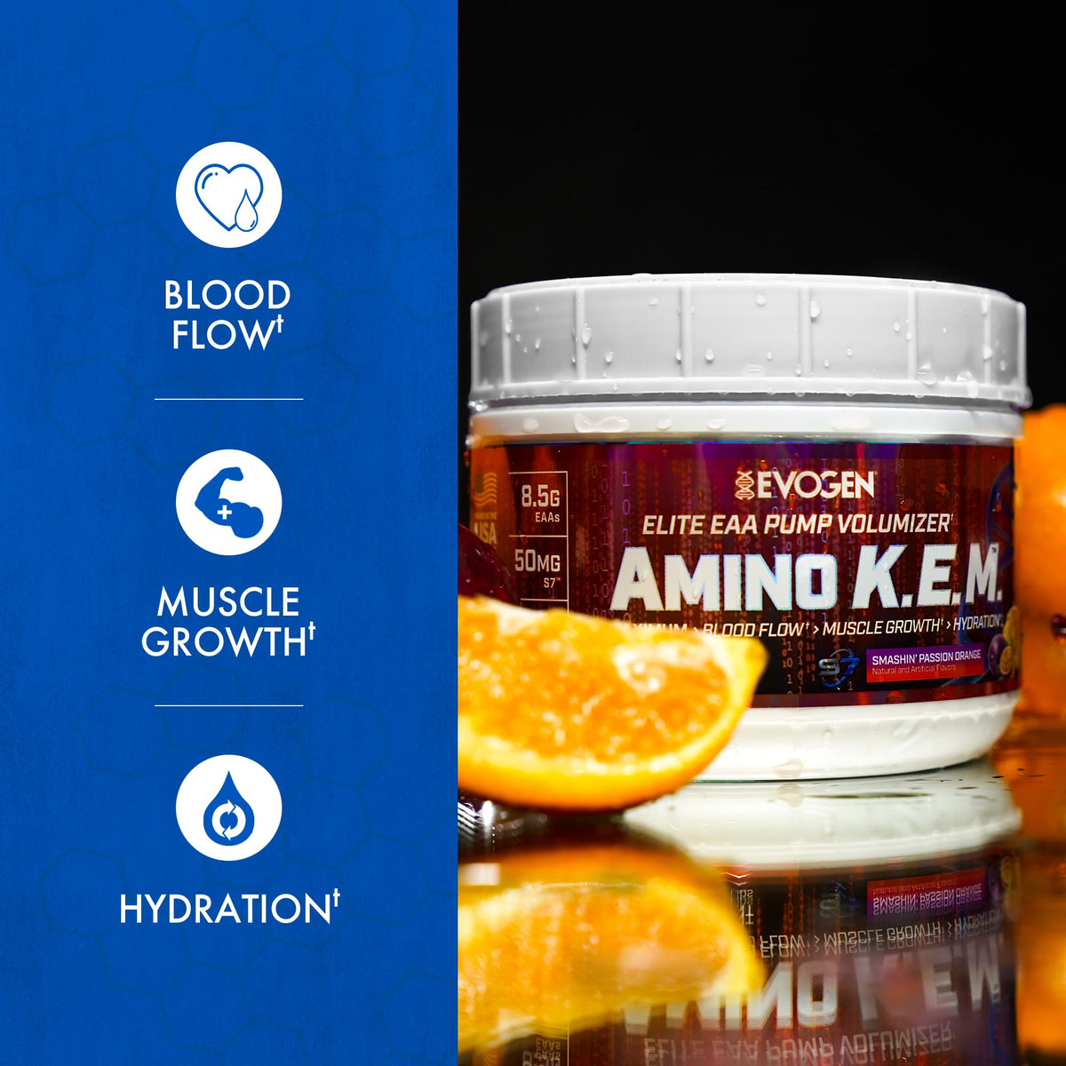 Evogen Amino K.E.M. EAA & BCAA Smashin' Passion Orange nutritional information