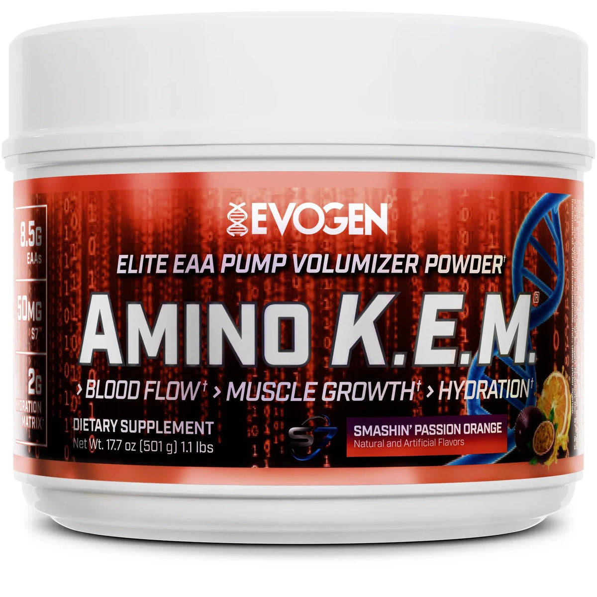 Evogen Amino K.E.M. EAA & BCAA Smashin' Passion Orange packaging front view