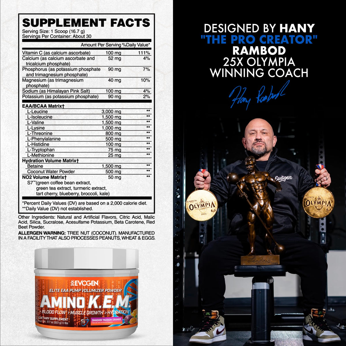 Evogen Amino K.E.M. EAA & BCAA Smashin' Passion Orange powder in a scoop