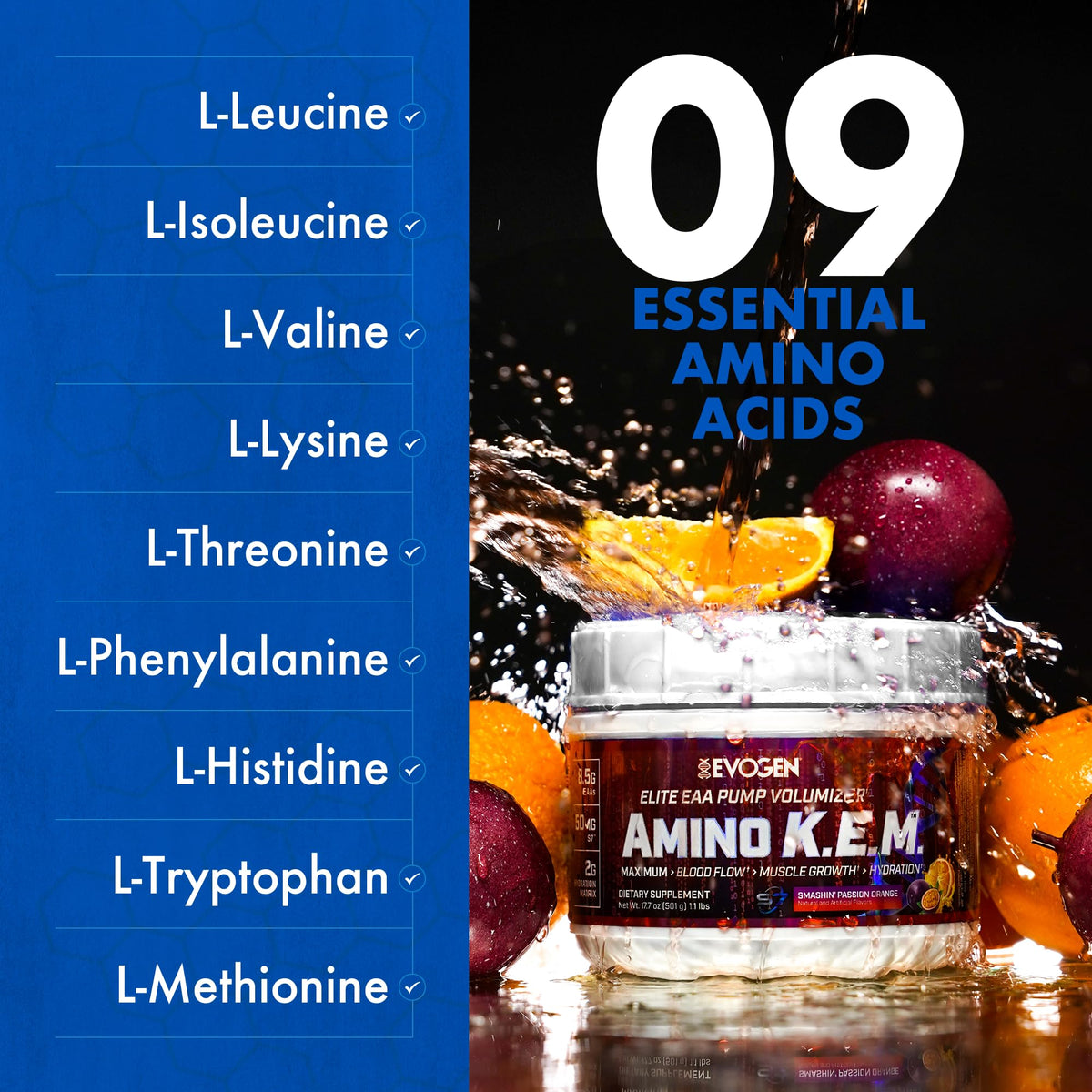 Evogen Amino K.E.M. EAA & BCAA Smashin' Passion Orange top view