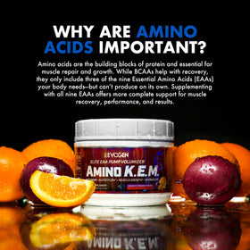Evogen Amino K.E.M. EAA & BCAA Smashin' Passion Orange with fitness accessories