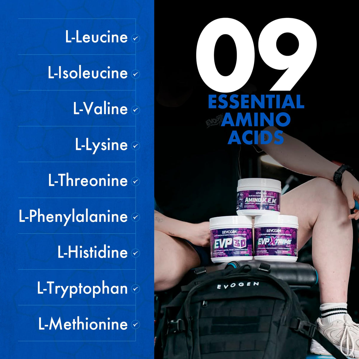 Evogen Amino K.E.M. EAA & BCAA with workout gear