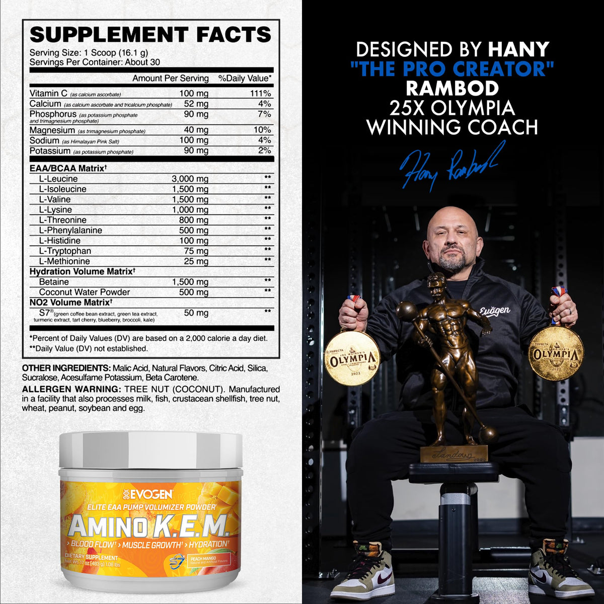 Evogen Amino K.E.M. Poudre BCAA EAA 599g Pêche Mangue avec cuillère doseuse