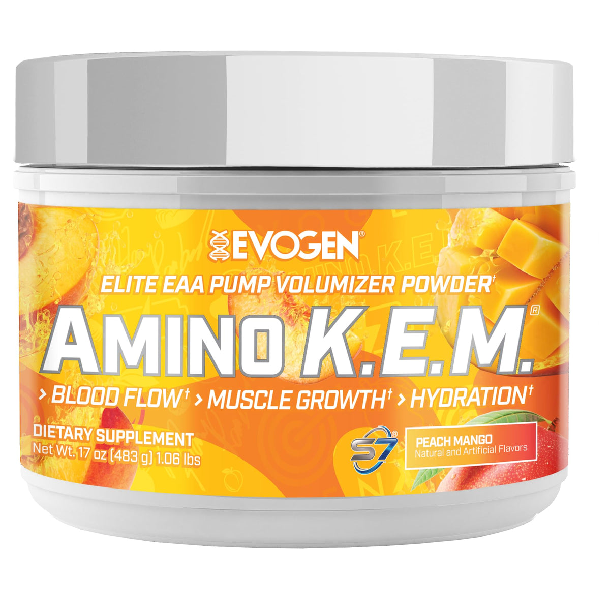 Evogen Amino K.E.M. Poudre BCAA EAA 599g Pêche Mangue vue de face