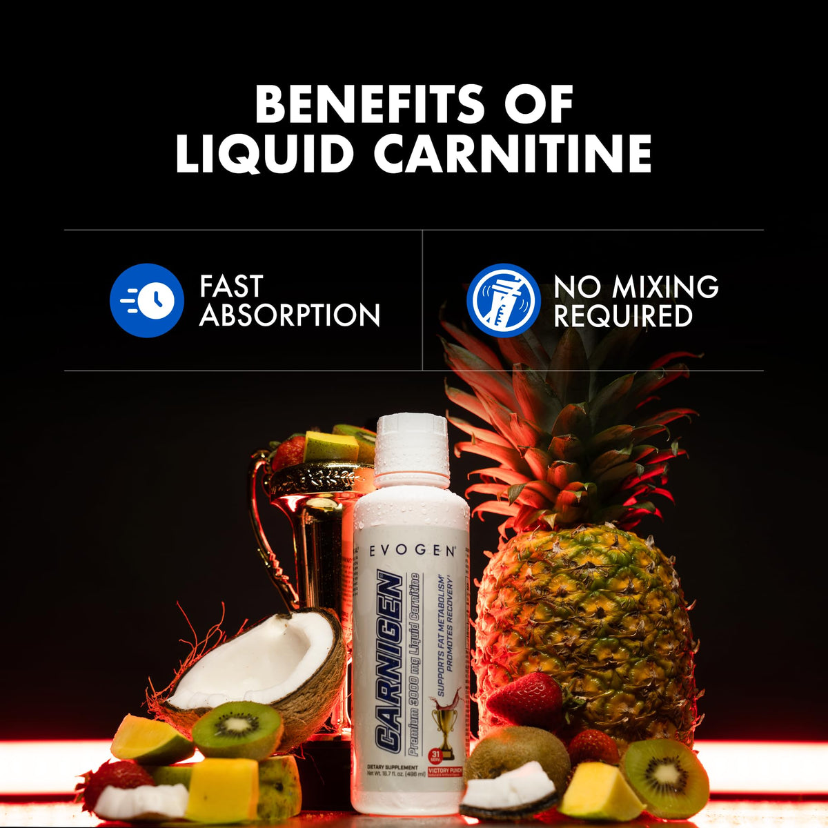 Evogen Carnigen Liquide 3000 mg Acétyl-L-Carnitine affiché sur une table