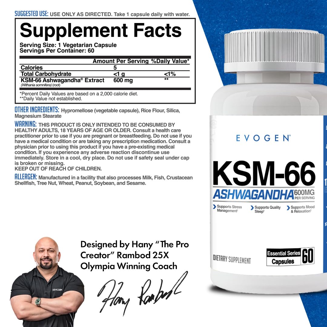Evogen KSM-66 Ashwagandha 600mg capsules ouvertes montrant le contenu