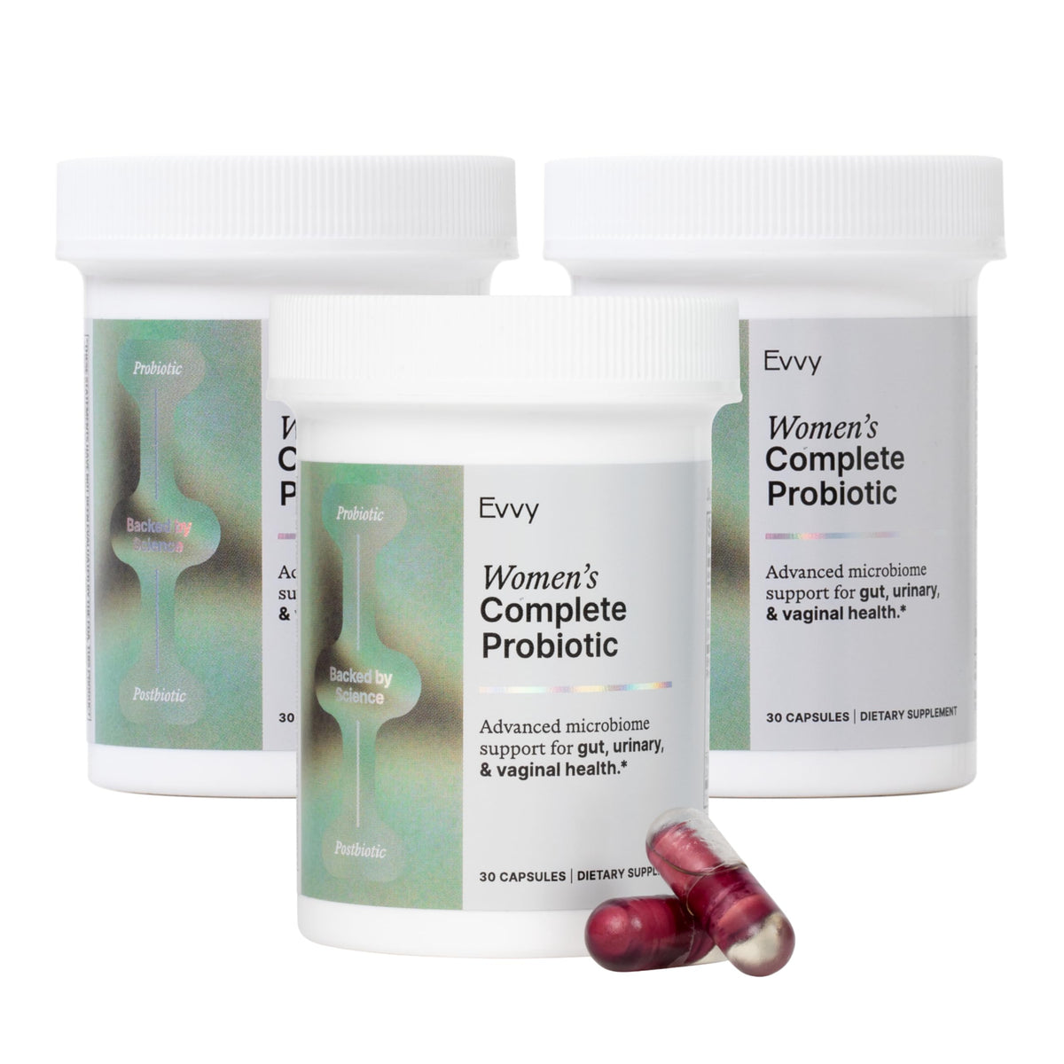 Evvy Probiotique Féminin 3-en-1 emballage avant avec capsules
