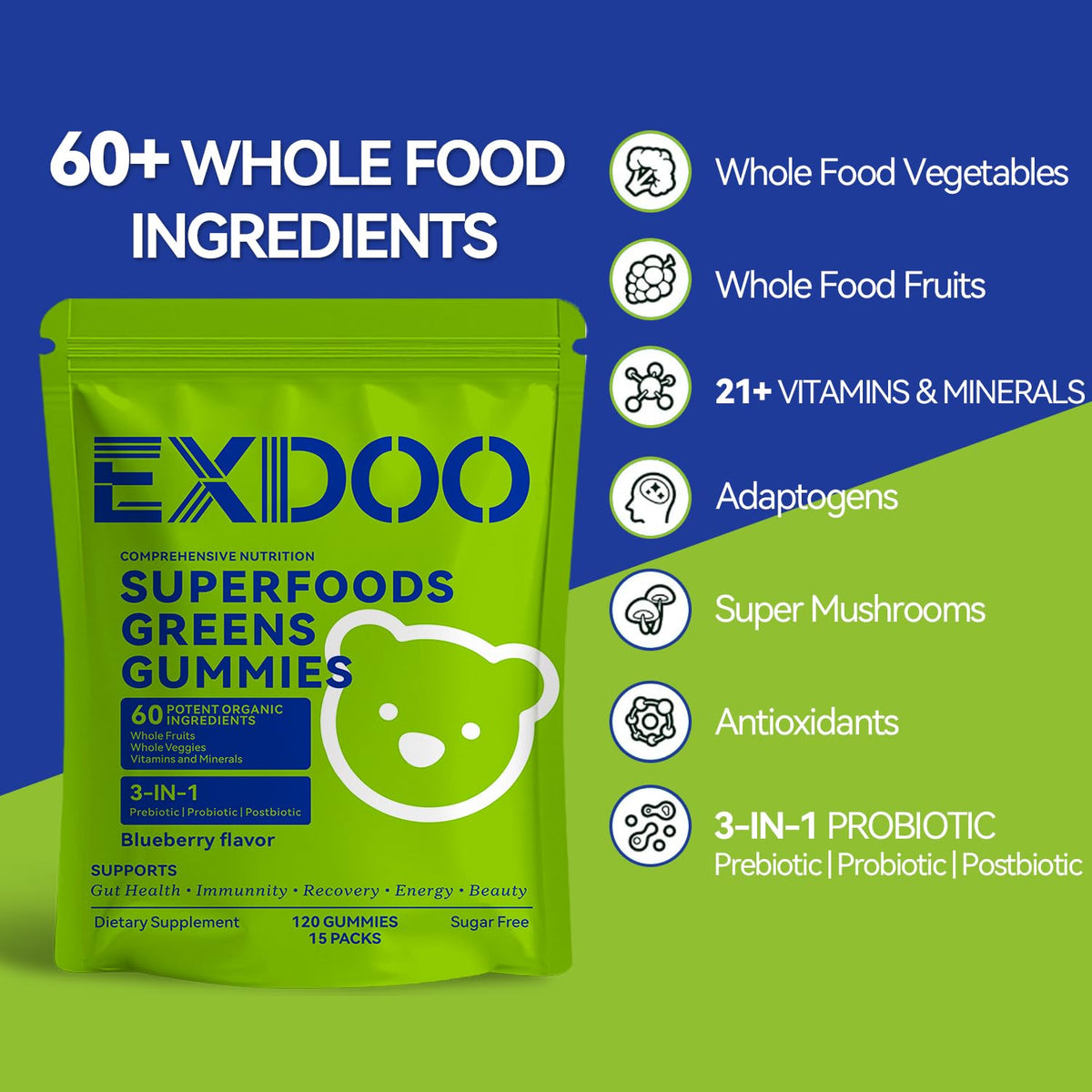 exdoo Gummies Super Greens 120 unités vue de face