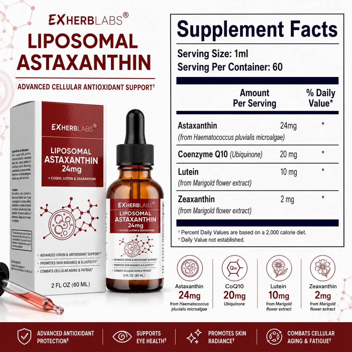 EXHERBLABS Astaxanthine Liposomale 24mg gouttes sur une cuillère