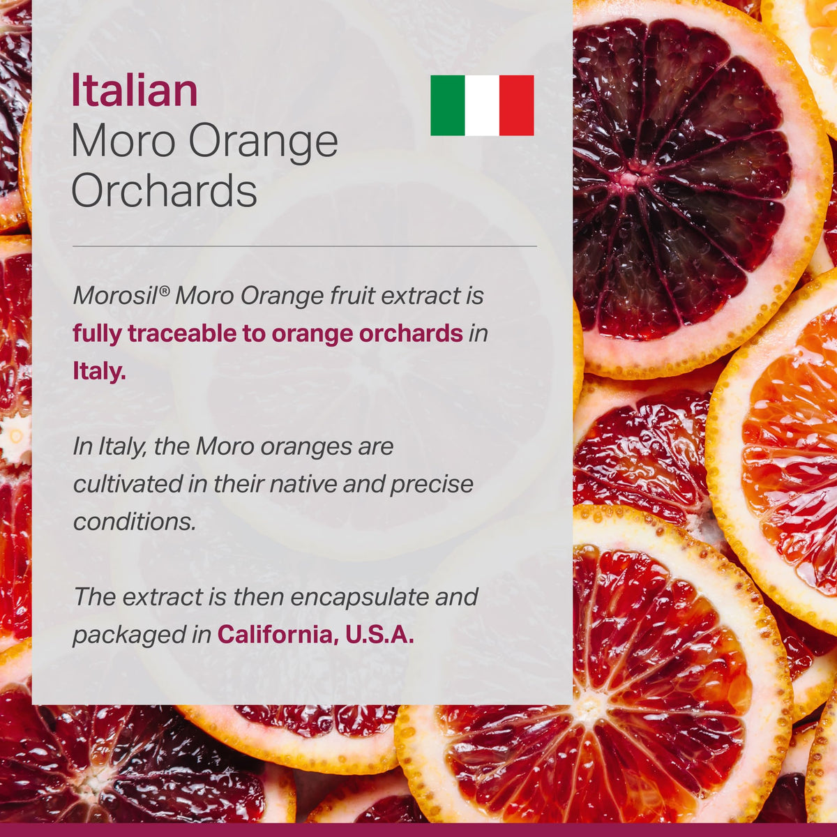 Extrait d'orange Moro sur une table avec gélules Anew Vita