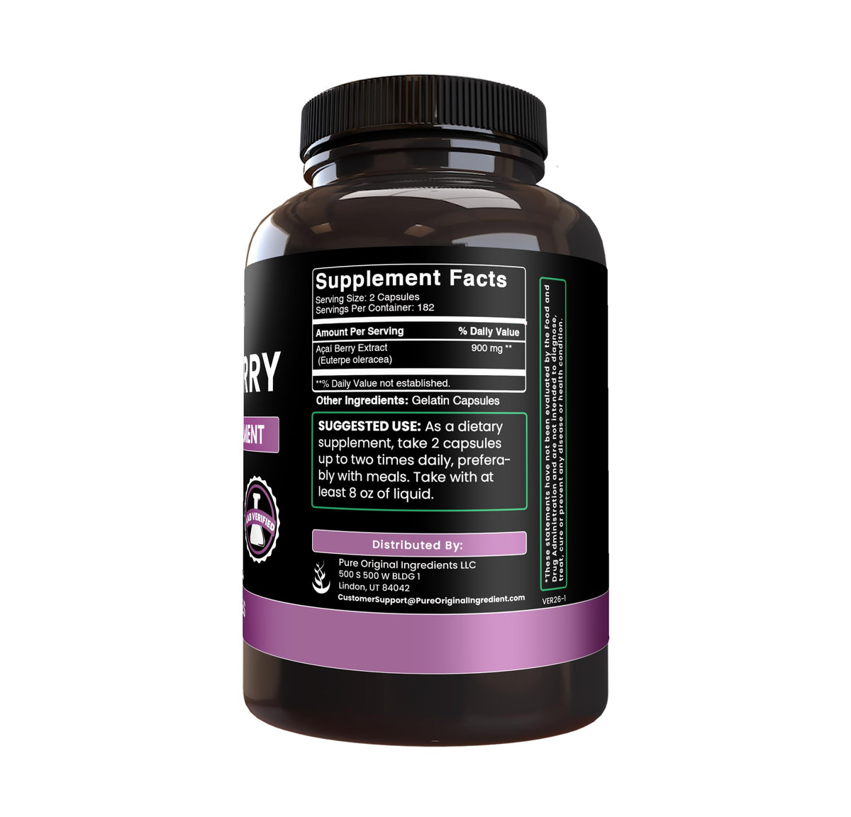 Extrait de Baies d'Acai PURE ORIGINAL INGREDIENTS capsules arrière