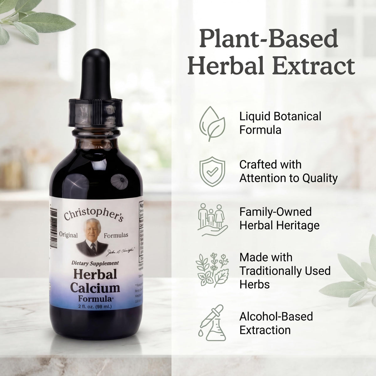 Extrait de Calcium Herboriste dans un cadre naturel, sur une table en bois
