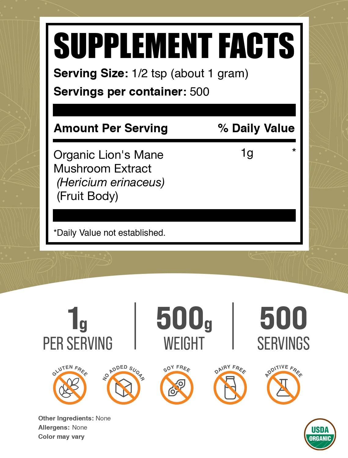 Extrait de champignon Lion's Mane BulkSupplements 500g ouverture du sachet