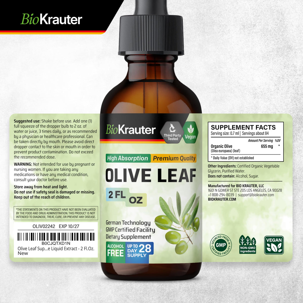 Extrait de feuille d'olive BIO KRAUTER sur un fond naturel