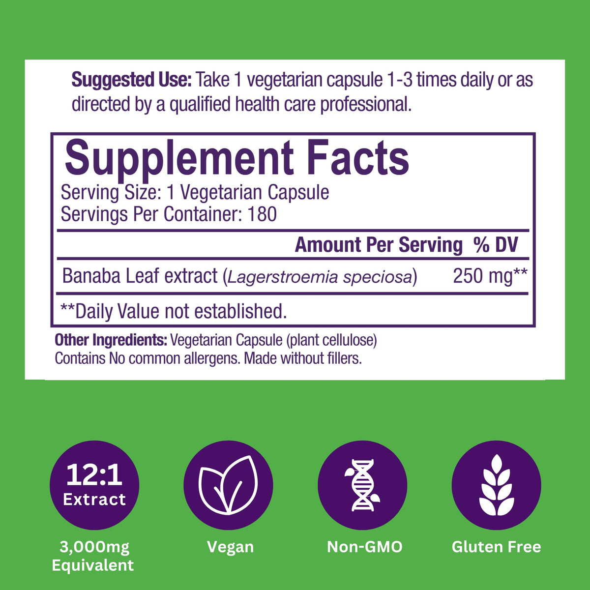 Extrait de feuille de banaba Paradise Herbs 250 mg, capsules sur une table