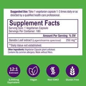 Extrait de feuille de banaba Paradise Herbs 250 mg, capsules sur une table