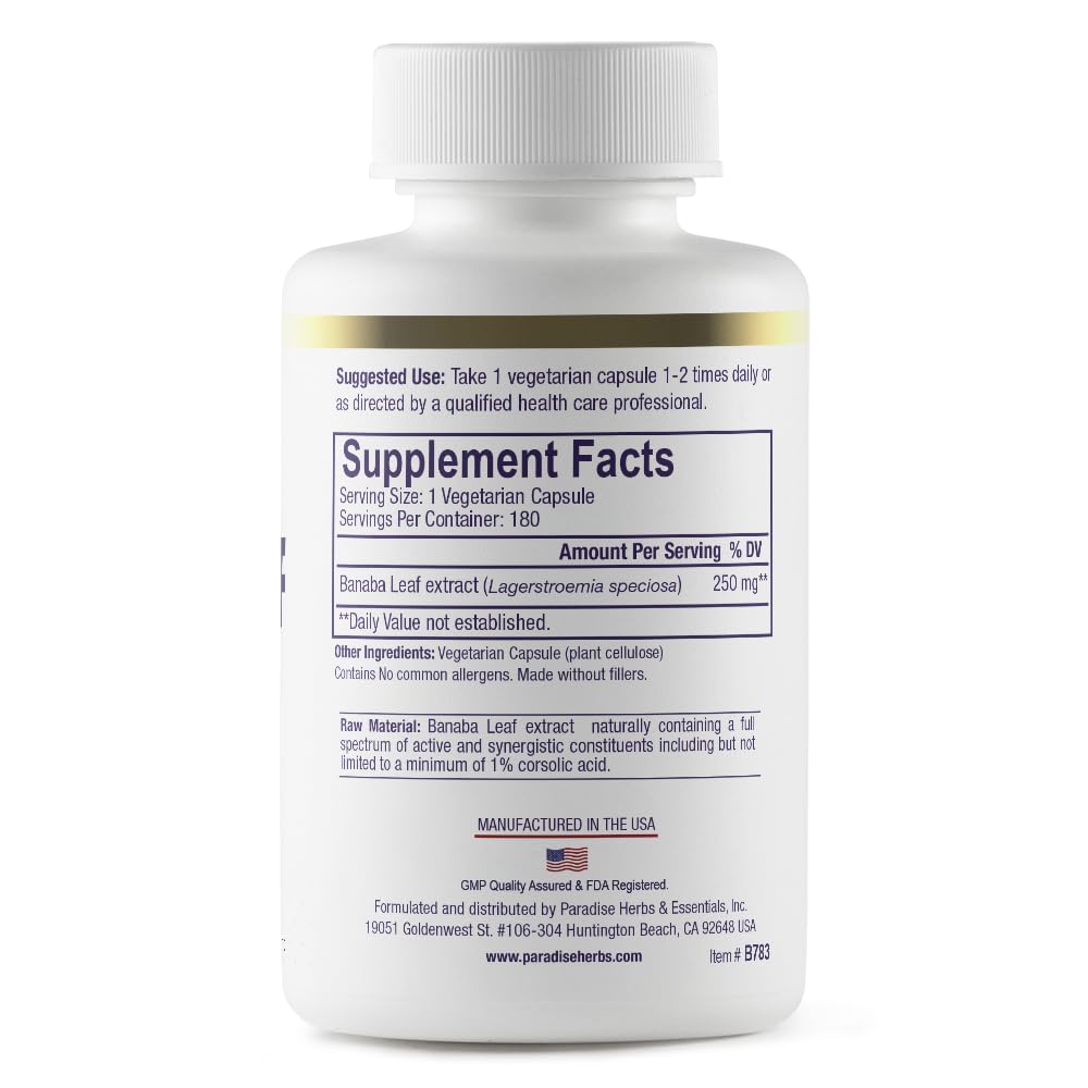 Extrait de feuille de banaba Paradise Herbs 250 mg, taille de la capsule comparée à une pièce