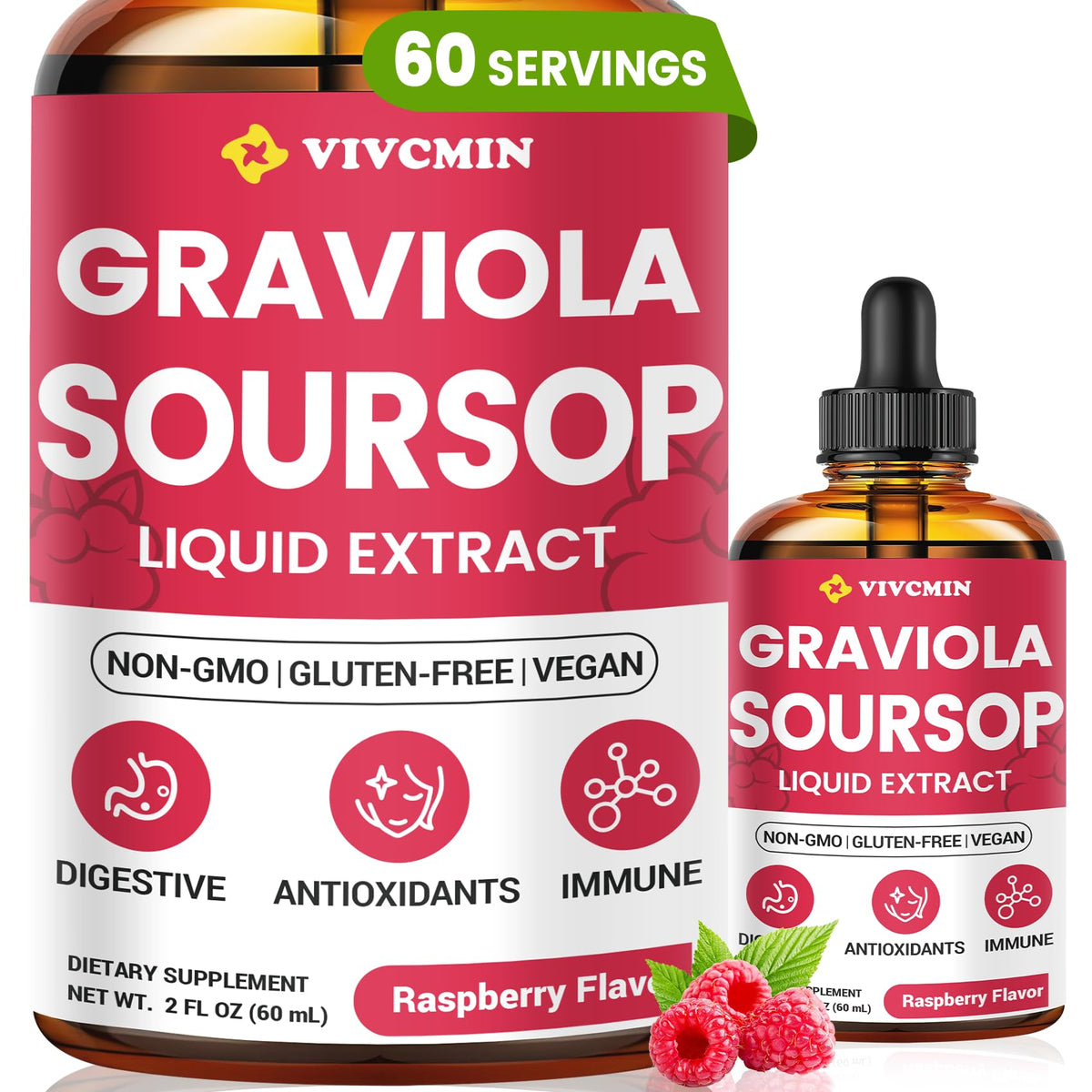 Extrait de feuille de graviola vivcmin 60 ml saveur framboise vue de face