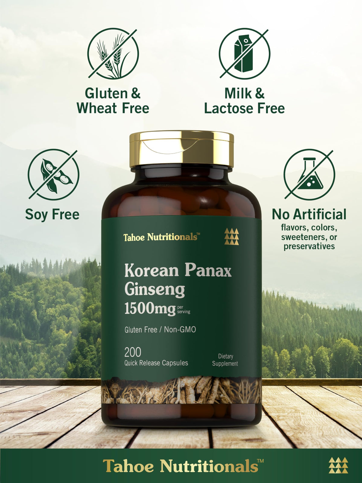 Extrait de Ginseng Coréen Tahoe Nutritionals 1500 mg avec un fond naturel