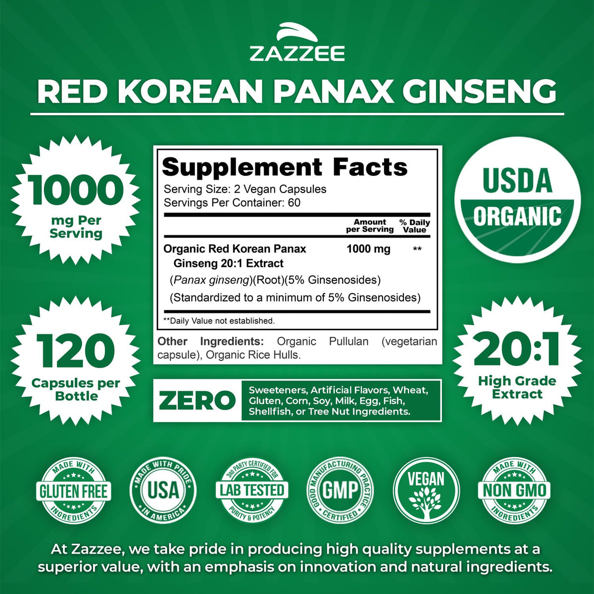 Extrait de Ginseng Rouge Coréen Panax Bio en capsules Zazzee