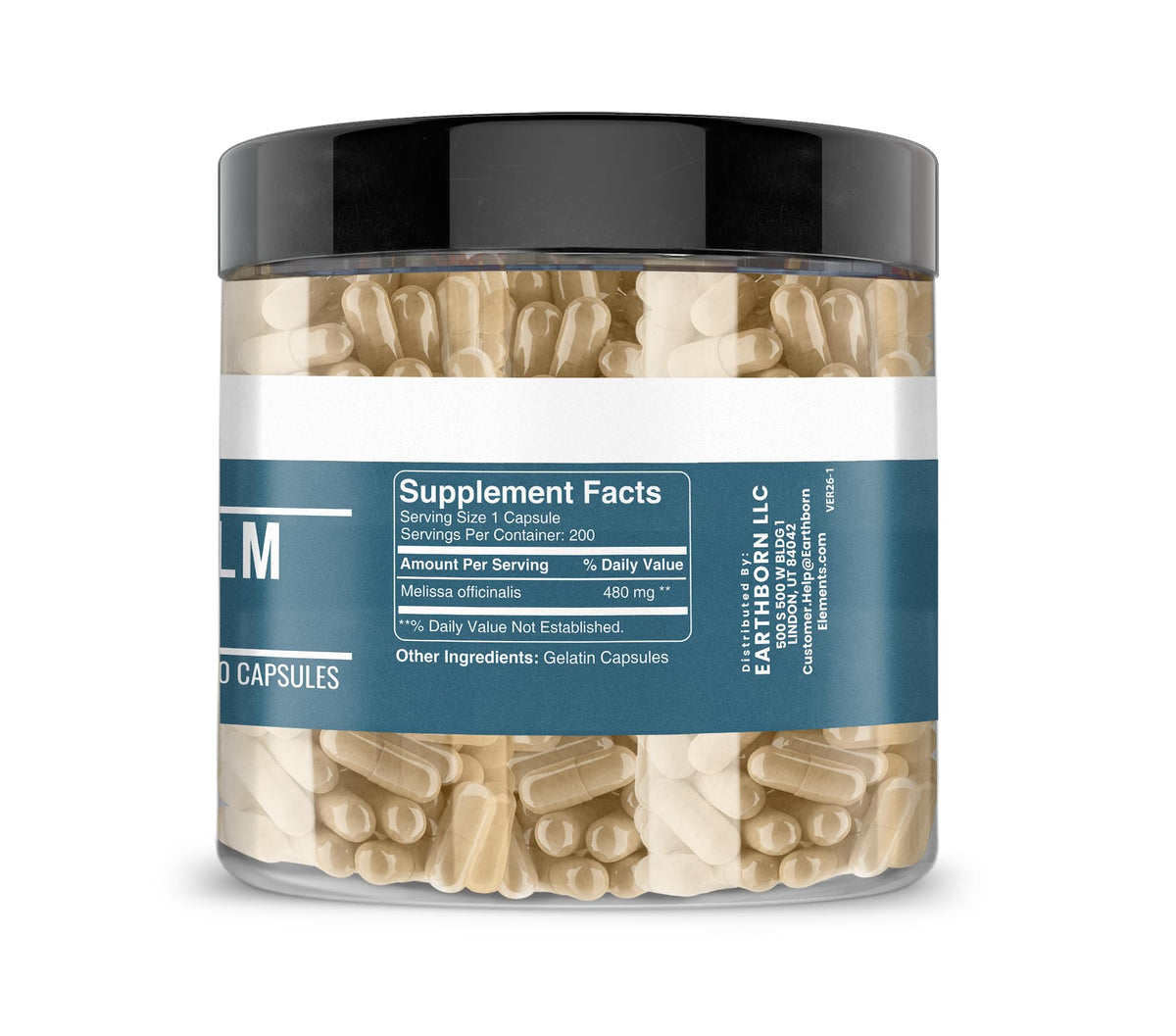 Extrait de Mélisse Earthborn Elements 200 Capsules côté avec dosage