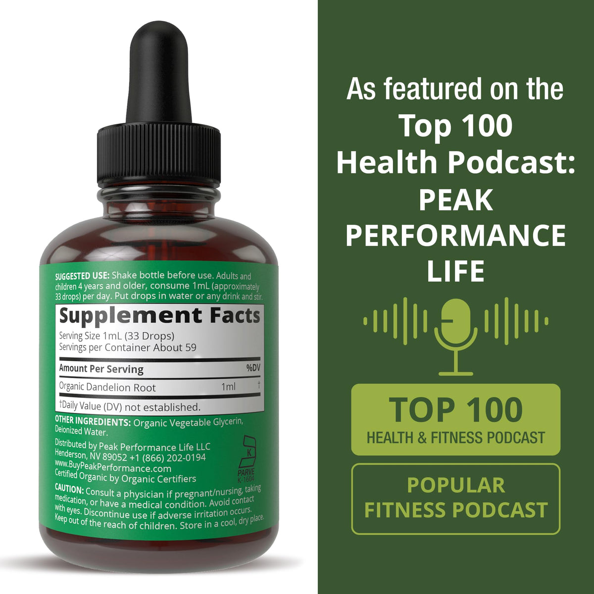 Extrait de racine de pissenlit bio Peak Performance gouttes dans un verre de jus