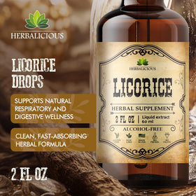 Extrait de réglisse bio HERBALICIOUS avec des ingrédients naturels autour