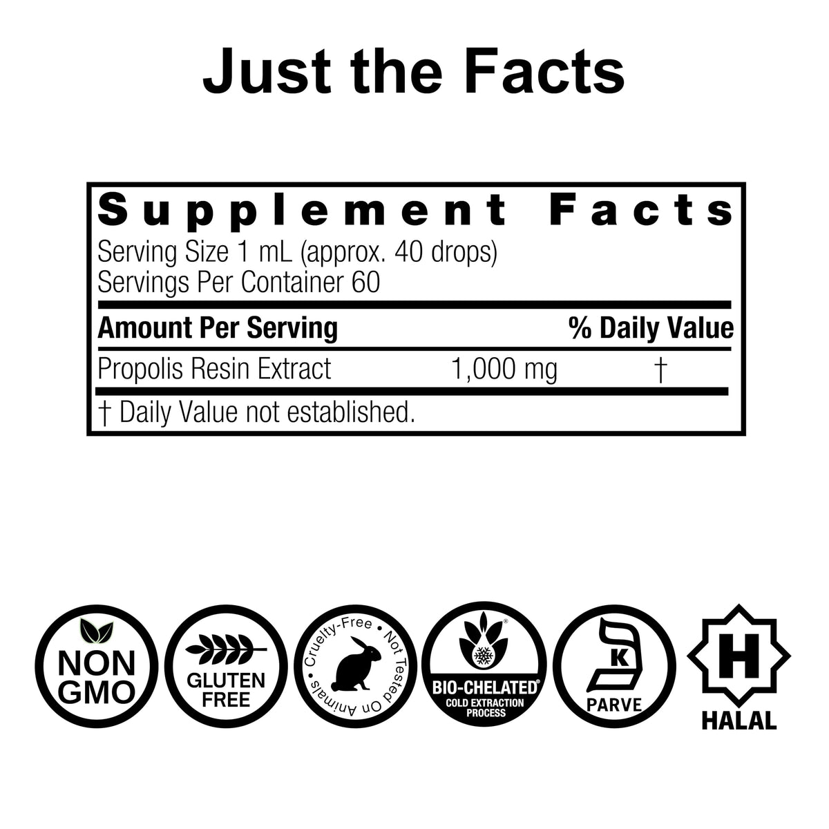 Extrait de résine de propolis Nature's Answer avec les dimensions du produit