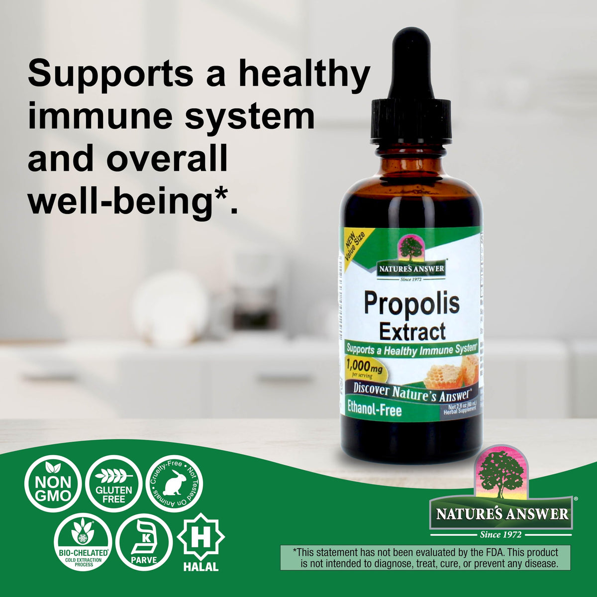 Extrait de résine de propolis Nature's Answer sur un fond neutre