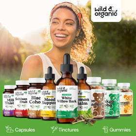Extrait de saule blanc Wild & Organic avec des ingrédients naturels en arrière-plan