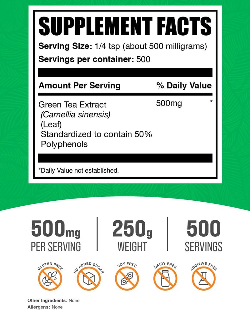 Extrait de Thé Vert BulkSupplements 250g - étiquette et informations nutritionnelles