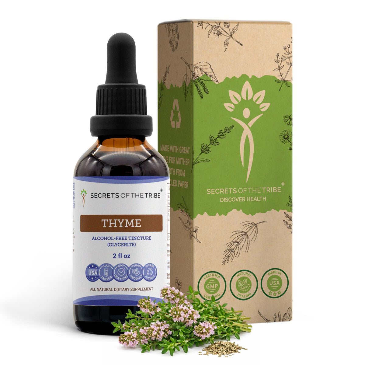 Extrait de thym liquide sans alcool Secrets of the Tribe 60 ml vue avant