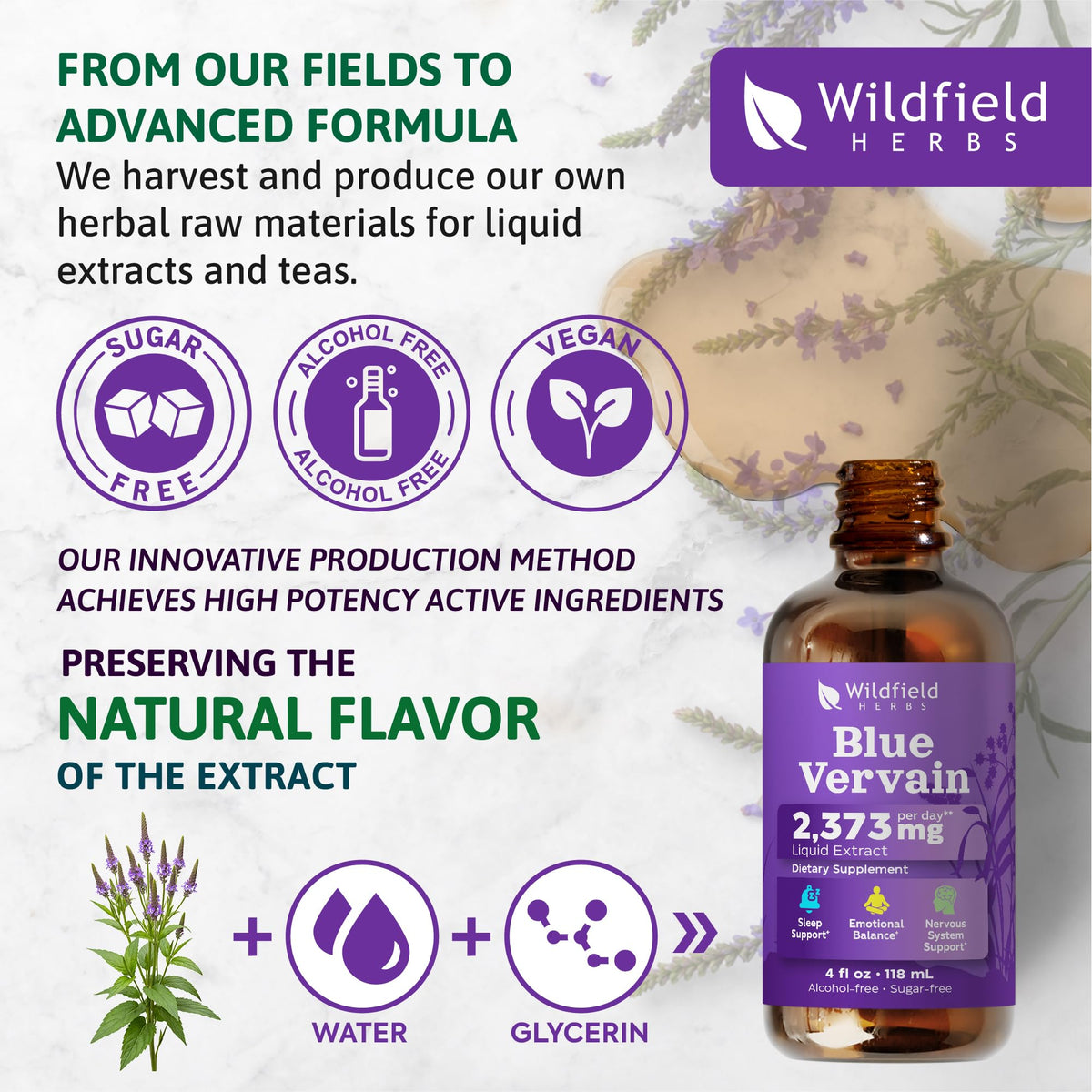 Extrait de verveine bleue WILDFIELD HERBS dans un verre d'eau