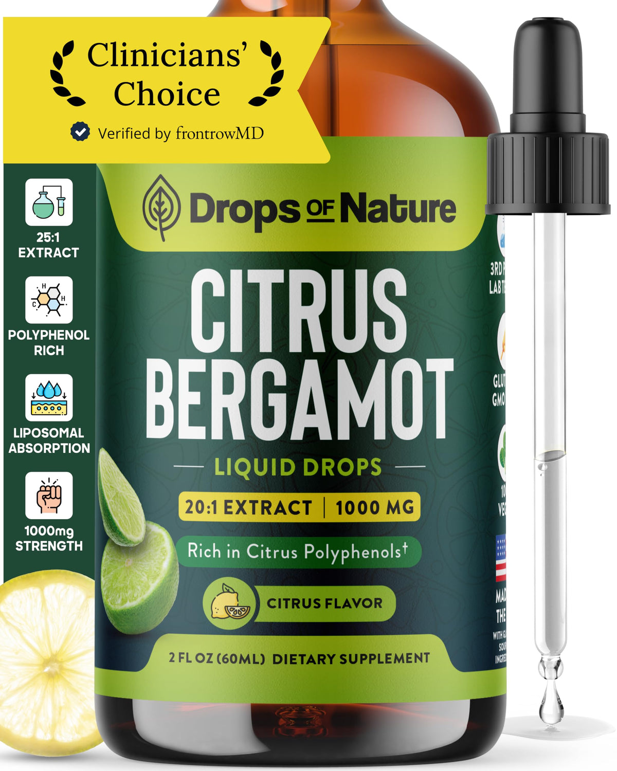 Extrait liquide de bergamote Drops Of Nature 60 mL, bouteille vue de face