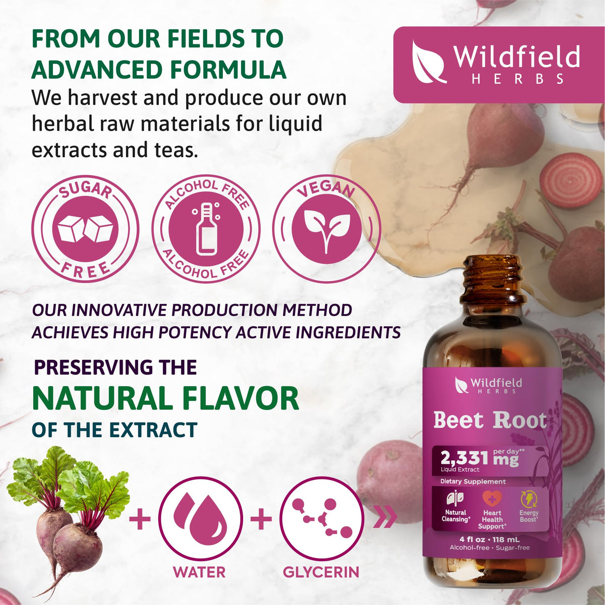 Extrait liquide de betterave WILDFIELD HERBS sur fond neutre